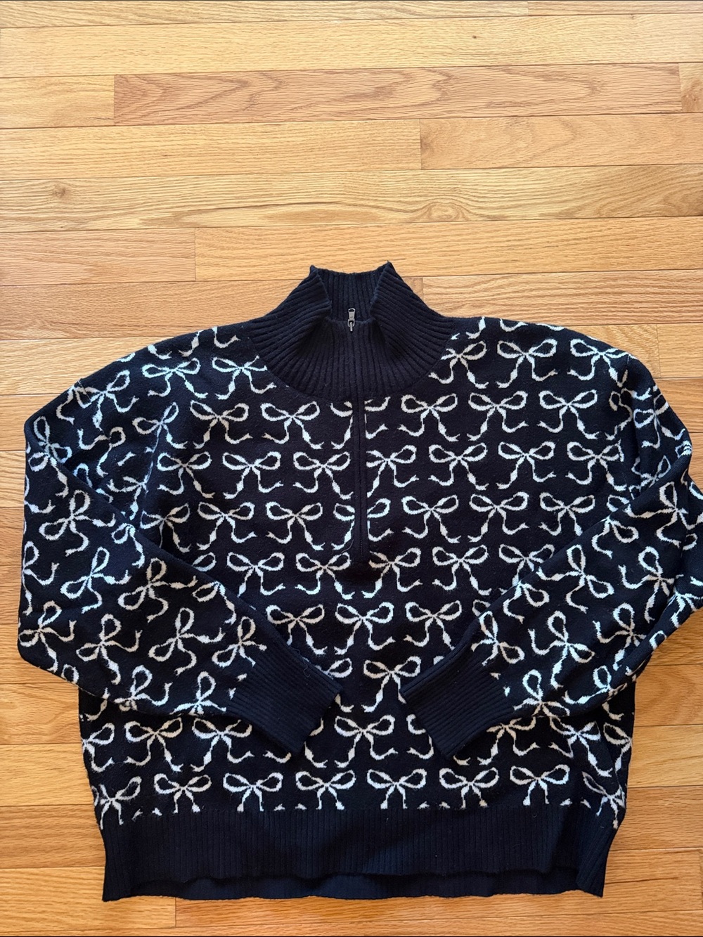 Maeve Womens Black Bow Pattern Half-Zip Sweater